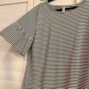 Tickled Teal Grey & White Striped Shortsleeved Shirt with 3/4 Bell Sleeves